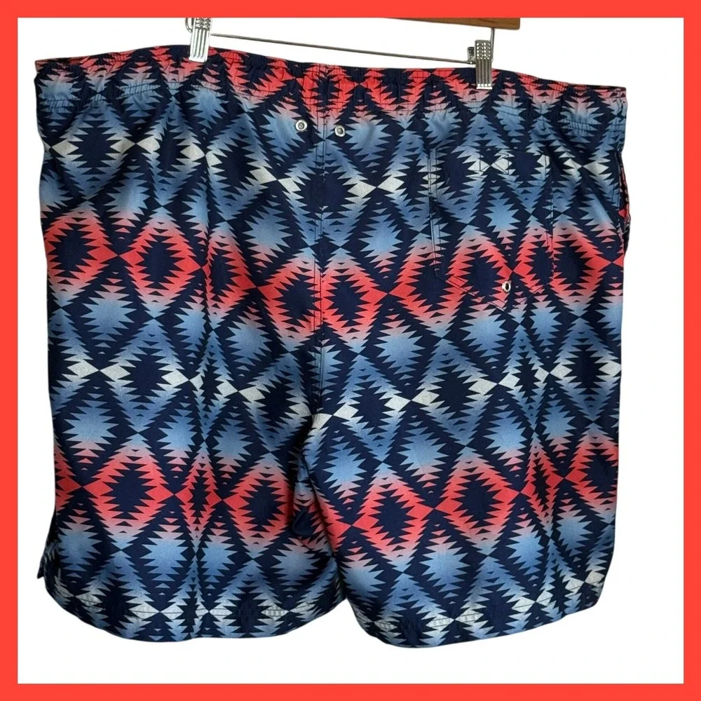 Lands End Mens XXL Swim Trunks Blue Red Geometric Southwestern Shorts 44-46